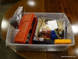 TUB LOT OF ASSORTED TRAIN RELATED ITEMS TO INCLUDE TRACK, TREES, MINIATURE BUILDINGS, ASSORTED CARS,