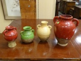 LOT OF ASSORTED GLAZED FINISH VASES. 1 IS GREEN, 1 IS CREAM COLORED, AND 2 ARE RED. LARGEST MEASURES