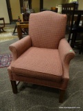 FAIRFIELD BURGUNDY AND BLUE STRIPE GEOMETRIC PATTERN ARMCHAIR WITH MAHOGANY LEGS AND A REMOVABLE