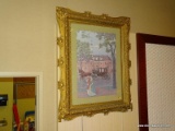 VINTAGE FRAMED PRINT OF A COLONIAL WILLIAMSBURG SCENE SIGNED BY SEYMOUR SNYDER. IS IN A LARGE GOLD