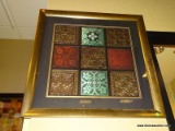 FRAMED MOSAIC TILE STYLE ARTWORK WITH BEIGE AND BLACK MATTING IN A GOLD TONE FRAME. IS 1 OF 3.