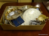 BOX LOT OF SILVER PLATE TO INCLUDE A BUTTER DISH WITH GLASS INSERT, BOWLS, A CHILD'S CUP, PLATTERS,