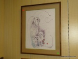 FRAMED PRINT OF A CHEETAH WITH CUBS. IS IN A BROWN BAMBOO STYLE FRAME WITH GREEN AND BEIGE MATTING.