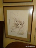 FRAMED PRINT OF A BENGAL TIGER WITH CUBS. IS IN A BROWN BAMBOO STYLE FRAME WITH GREEN AND BEIGE