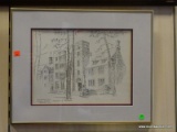 FRAMED SKETCH OF THE SCHOOL OF BUSINESS AT THE UNIVERSITY OF RICHMOND. HAS BURGUNDY AND OFF-WHITE