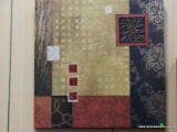 PAIR OF RED, BLACK, AND GOLD TONE ABSTRACT PRINTS ON CANVAS. EACH MEASURES 30 IN X 30 IN. ITEM IS