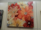 FLORAL OIL ON CANVAS IN HUES OF RED, ORANGE, AND YELLOW. MEASURES 39 IN X 39 IN. ITEM IS SOLD AS IS