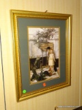 FRAMED PRINT OF 2 YOUNG VICTORIAN ERA CHILDREN WHO HAVE JUST KNOCKED OVER A POT OF FLOWERS. HAS GOLD