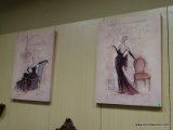 PAIR OF FRENCH STYLE PRINTS ON CANVAS IN HUES OF PINK, PURPLE, AND BLUE. EACH MEASURES 24 IN X 32