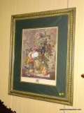 FRAMED FLORAL STILL LIFE PRINT BY RICH EARLOM SCULP. HAS GOLD TONED AND DARK GREEN MATTING WITH A