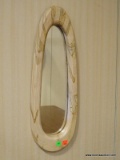 LIGHT (POSSIBLY) CYPRESS WOOD FRAMED MIRROR. MEASURES 7 IN X 21 IN. ITEM IS SOLD AS IS WHERE IS WITH