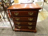 AMERICAN DREW 4 DRAWER MAHOGANY NIGHTSTAND WITH BRASS PULLS. MEASURES 28 IN X 15 IN X 29 IN. ITEM IS