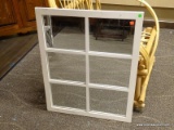 MIRROR WITH WHITE DIVIDED FRAME. HAS 6 DIVIDED SECTIONS TOTAL. MEASURES 24.5 IN X 30.5 IN. ITEM IS