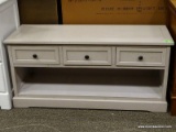 MODERN 3 DRAWER ENTERTAINMENT STAND WITH DISTRESSED OFF-WHITE FINISH AND LOWER STORAGE AREA.