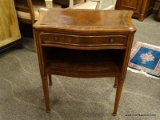 MAHOGANY AND TOOLED LEATHER TOP END TABLE WITH 1 DRAWER OVER A LOWER SHELVING AREA AND REEDED COLUMN