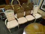 SET OF 8 CANE BACK AND PINK UPHOLSTERED SEAT DINING CHAIRS WITH WHEAT AND BOW PATTERN CRESTS. 5 ARE