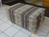 GREEN, BURGUNDY, AND CREAM STRIPE UPHOLSTERED OTTOMAN WITH MAPLE LEGS. MEASURES 35 IN X 24 IN X 19.5