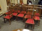 SET OF 12 MAHOGANY AND RED UPHOLSTERED SEAT DINING CHAIRS WITH SLAT BACKS. 2 ARE ARMS AND 10 ARE