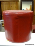 OXBLOOD RED LEATHER UPHOLSTERED OTTOMAN. MEASURES 18 IN X 17.5 IN. HAS SOME CRACKING ON 1 SIDE. ITEM