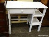 WHITE PAINTED SINGLE DRAWER KNEE HOLE DESK WITH SIDE SHELVING AREA. MEASURES 36 IN X 18 IN X 30.5