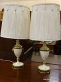 PAIR OF VINTAGE REMBRANDT BRASS AND CREAM COLOR PORCELAIN LAMPS WITH MILK GLASS SHADES AS WELL AS