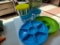 9 PIECE PLASTIC PICNIC/STORAGE SET INCLUDES 2 PATTERS, 3 CONTAINERS WITH LIDS AND 4 WIRE BASKETS