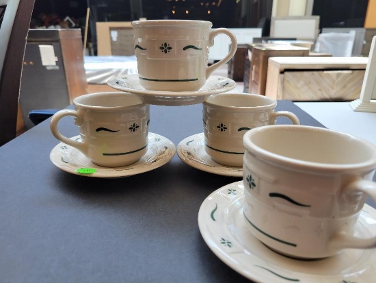 LONGERBERGER HERITAGE GREEN CUP & SAUCER SET OF FOUR - MADE IN THE USA