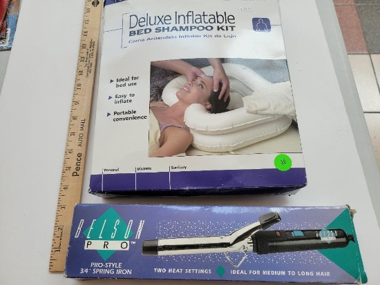 INFLATABLE BED SHAMPOO KIT AND CURLING IRON - BOTH APPEAR UNUSED