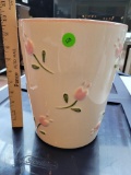 WHITE CERAMIC TRASH CAN WITH PINK ROSES