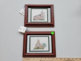 TWO PROFESSIONALLY FRAMED AND MATTED COLORED DRAWINGS OF HISTORICAL BUILDINGS IN WOOD FRAMES -