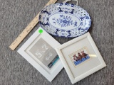 DECORATIVE 3 PIECE LOT INCLUDES BLUE AND WHITE CERAMIC PLATE, NEW 5x7 WHITE FRAME AND AN ANNE GEDDES