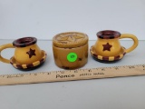 SET OF 3 FARMHOUSE THEMED ITEMS INCLUDES 2 CANDLE HOLDERS (ONE WITH CHIP - SEE PHOTOS) AND A TRINKET