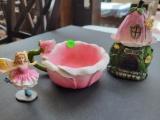 3 PIECE FAIRY GARDEN SET TO INCLUDE SMALL FAIRY HOUSE, FLOWER CUP AND FAIRY ON ROLLER SKATES FIGURE