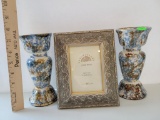 3 PIECE DECOR SET INCLUDES 2 CERAMIC CANDLE STICKS AND A SMALL PICTURE FRAME (NEW)
