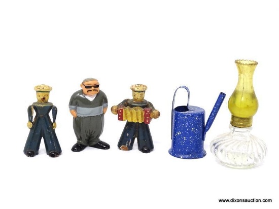 MINIATURE LOT TO INCLUDE 2 WOODEN SAILORS, AN OIL LAMP, A WATERING CAN, AND A MAN WITH SUNGLASSES IN