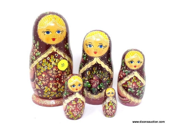 VINTAGE MATRYOSHKA DOLL SET IN BROWN AND TAN. SIGNED BY THE ARTIST IN RUSSIAN. ITEM IS SOLD AS IS