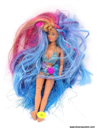 BARBIE DOLL WITH BLUE AND PINK HAIR AND MATCHING BATHING SUIT OUTFIT. ITEM IS SOLD AS IS WHERE IS