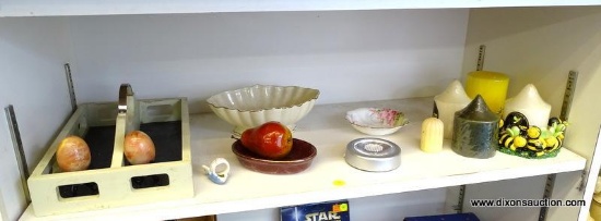 SHELF LOT OF ASSORTED ITEMS TO INCLUDE CANDLES, A TELEFLORA OBLONG VASE, EGG SHAPED SALT AND PEPPER