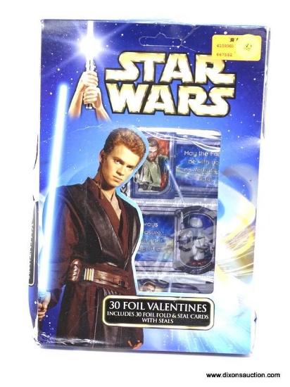 TOYS 'R' US AND STAR WARS 30 PACK OF FOIL VALENTINES IN BOX FROM 2002. BOX HAS SOME WEAR. ITEM IS