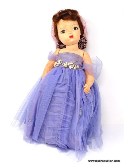 VINTAGE DOLL IN PURPLE DRESS WITH PINK LACE HAIR NET. HAS BOX. MEASURES 17 IN TALL. ITEM IS SOLD AS