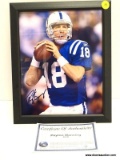 SIGNED PHOTO OF PEYTON MANNING, INCLUEDS C.O.A., BLACK FRAME, PHOTO MEASURES 8 IN X 10 IN. ITEM IS