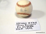 RAWLINGS BASEBALL SIGNED BY NOLAN RYAN OF TEXAS RANGERS 8X ALL STAR, H.O.F. 1999. ITEM IS SOLD AS IS