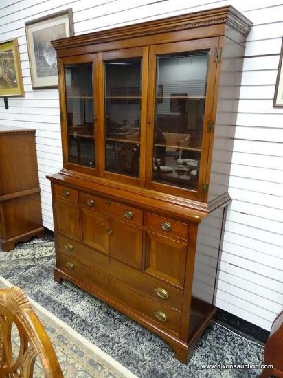 CRAFTIQUE 2 PIECE CHINA CABINET WITH 3 UPPER BEVELED GLASS DOORS, DENTIL MOLDING TOP, 3 CENTER