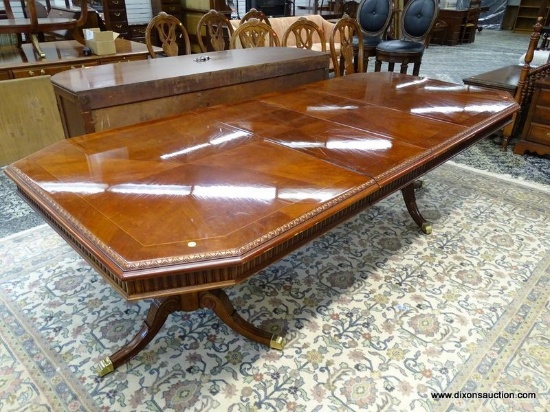 MAHOGANY DOUBLE PEDESTAL DINING TABLE WITH BRASS CAPPED FEET AND TWO 15.5 IN LEAVES. WITH BOTH