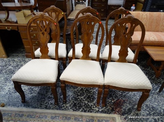 SET OF 6 MAHOGANY DINING CHAIRS WITH CARVED SPLATS AND SABRE STYLE FRONT LEGS. HAVE SHELL CARVED
