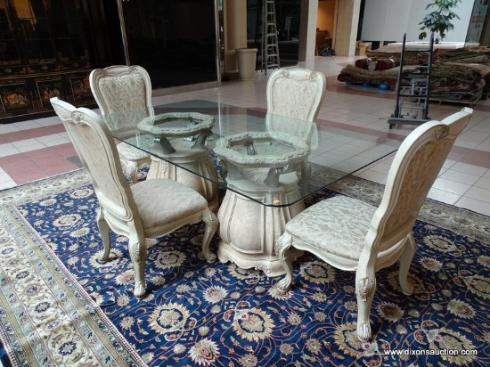 THOMASVILLE DINING SET TO INCLUDE A DOUBLE PEDESTAL BASE GLASS TOP TABLE WITH ACANTHUS LEAF ACCENTS.