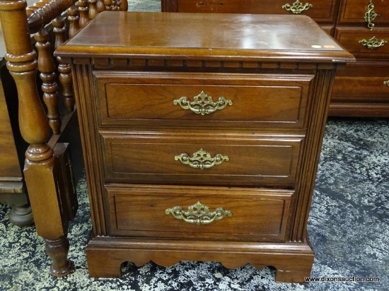 LENOIR HOUSE 3 DRAWER NIGHTSTAND WITH DENTIL MOLDING AND BRASS CHIPPENDALE STYLE PULLS. MEASURES 24