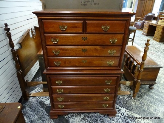 MAHOGANY 9 DRAWER CHEST OF DRAWERS WITH BRASS CHIPPENDALE STYLE PULLS AND BRACKET STYLE FEET.