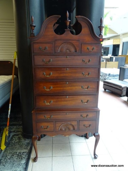 CHERRY QUEEN ANNE HIGHBOY WITH 11 DRAWERS WITH BRASS PULLS, BROKEN ARCH PEDIMENT TOP, AND 3 UPPER