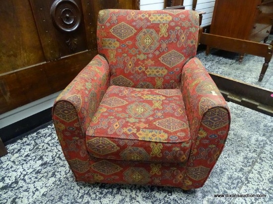 PIER 1 IMPORTS RED GEOMETRIC PATTERN UPHOLSTERED CHAIR WITH LIFTABLE SEAT CUSHION. MEASURES 32 IN X